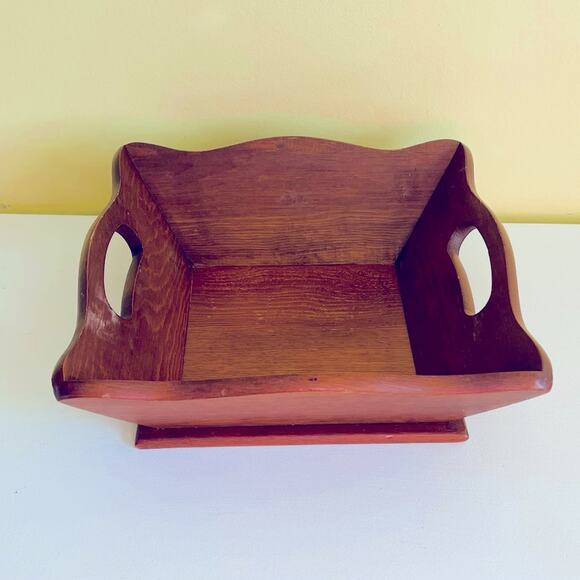 Vintage Mid Century Wood Square Centerpiece Fruit Nuts Bread Bowl w/ Handles